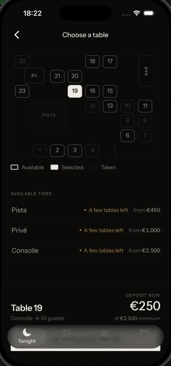 Choosing a table in the Strobe app: the venue’s real floor plan with available, selected and taken tables, the price tiers below it, and the deposit for the table selected.