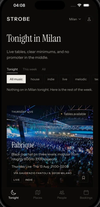 The Strobe app showing tonight’s programme in Milan: venues with their music tags, times and table availability.